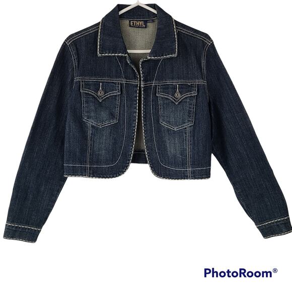 Ethyl cropped dark denim jacket saddle stitching Medium - Picture 1 of 4